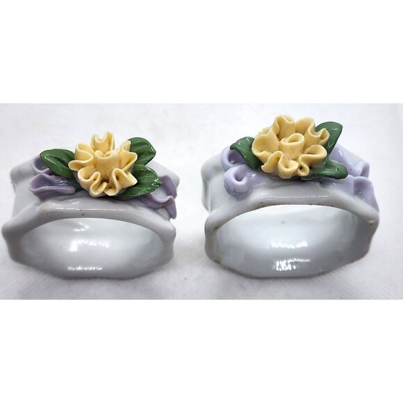 NAPKIN RINGS-Porcelain-3D Flowers-Yellow-Green-Set of 4 - Picture 10 of 16